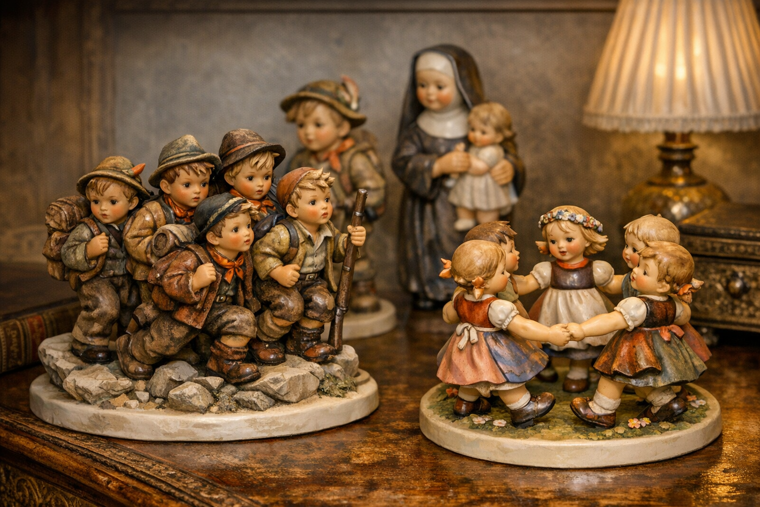 Reference image for documenting rare Hummel figurine value factors including TMK marks, mold numbers, size, edition, artist signature, crazing, chips, repairs, box, and provenance