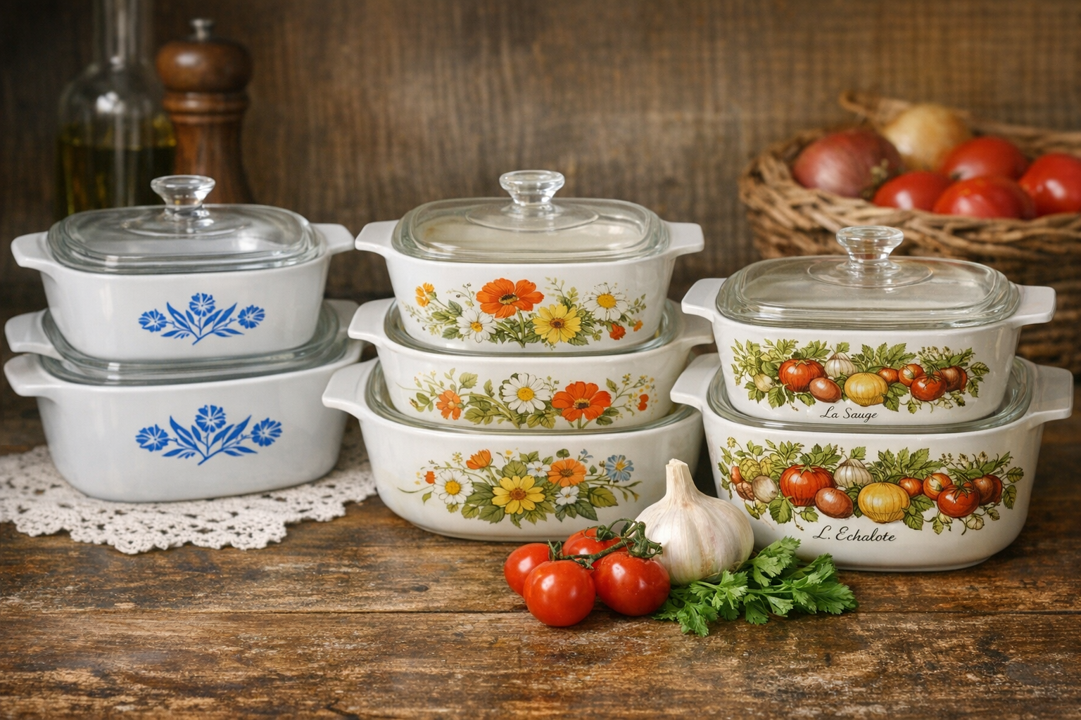 Reference image for documenting rare CorningWare pattern identification factors including pattern name, backstamp, production line, lid, handles, color, wear, chips, cracks, staining, and provenance