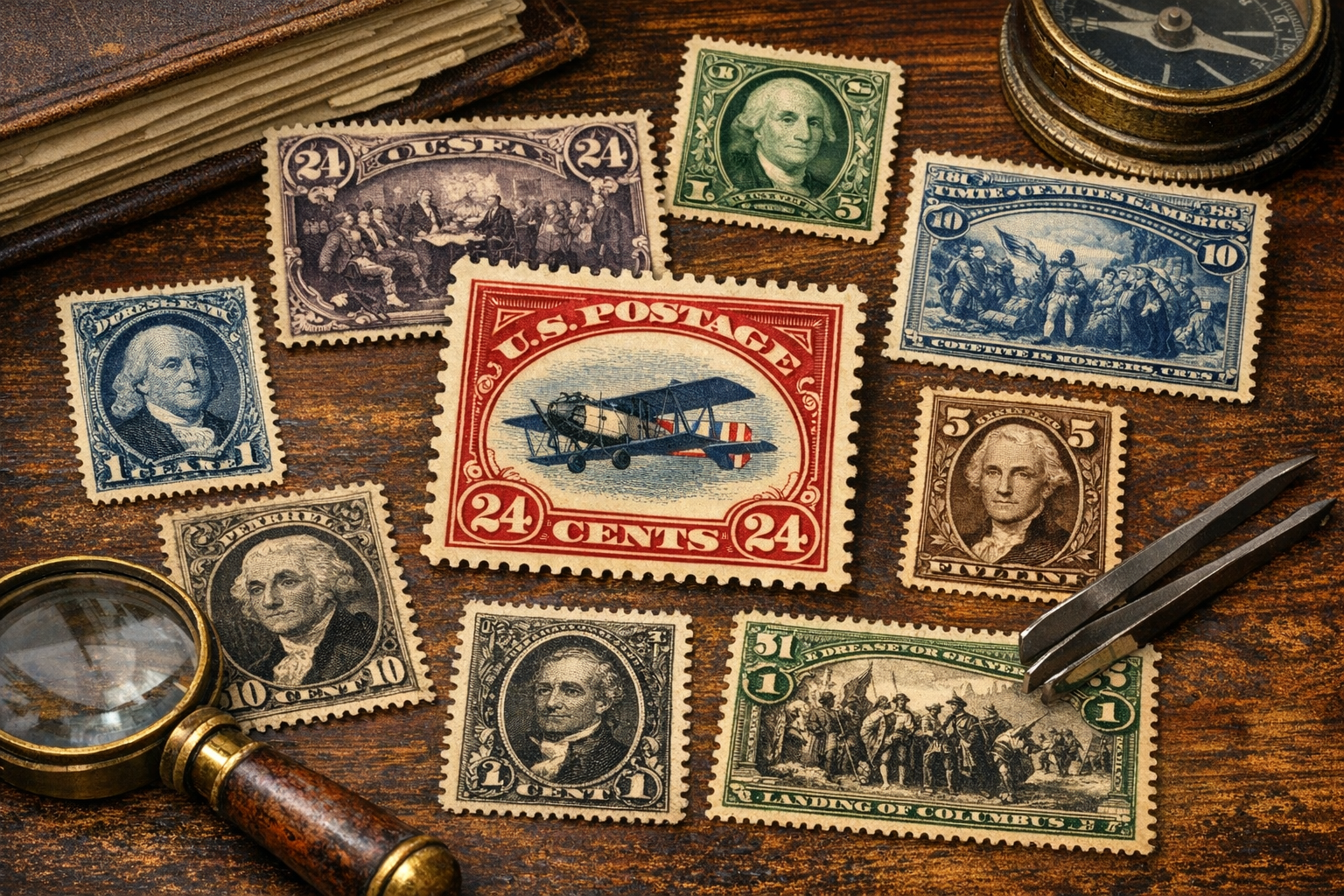 Reference image for documenting rare US stamp value factors including issue, denomination, watermark, perforations, cancellation, gum, centering, faults, certification, album page, and provenance