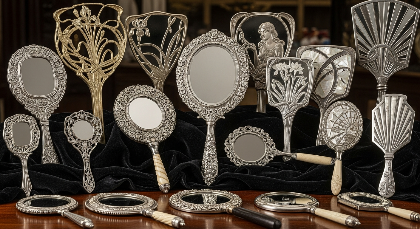 Reference image for documenting antique hand mirror value factors including hallmarks, material, handle design, mirror glass, monograms, maker marks, dents, repairs, condition, and provenance