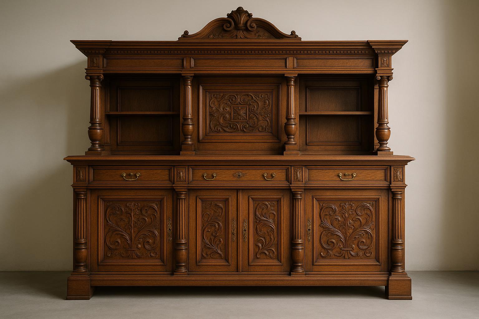 Reference image for documenting Renaissance Revival solid wood sideboard appraisal factors including wood, carved details, joinery, hardware, maker marks, finish, repairs, dimensions, and provenance