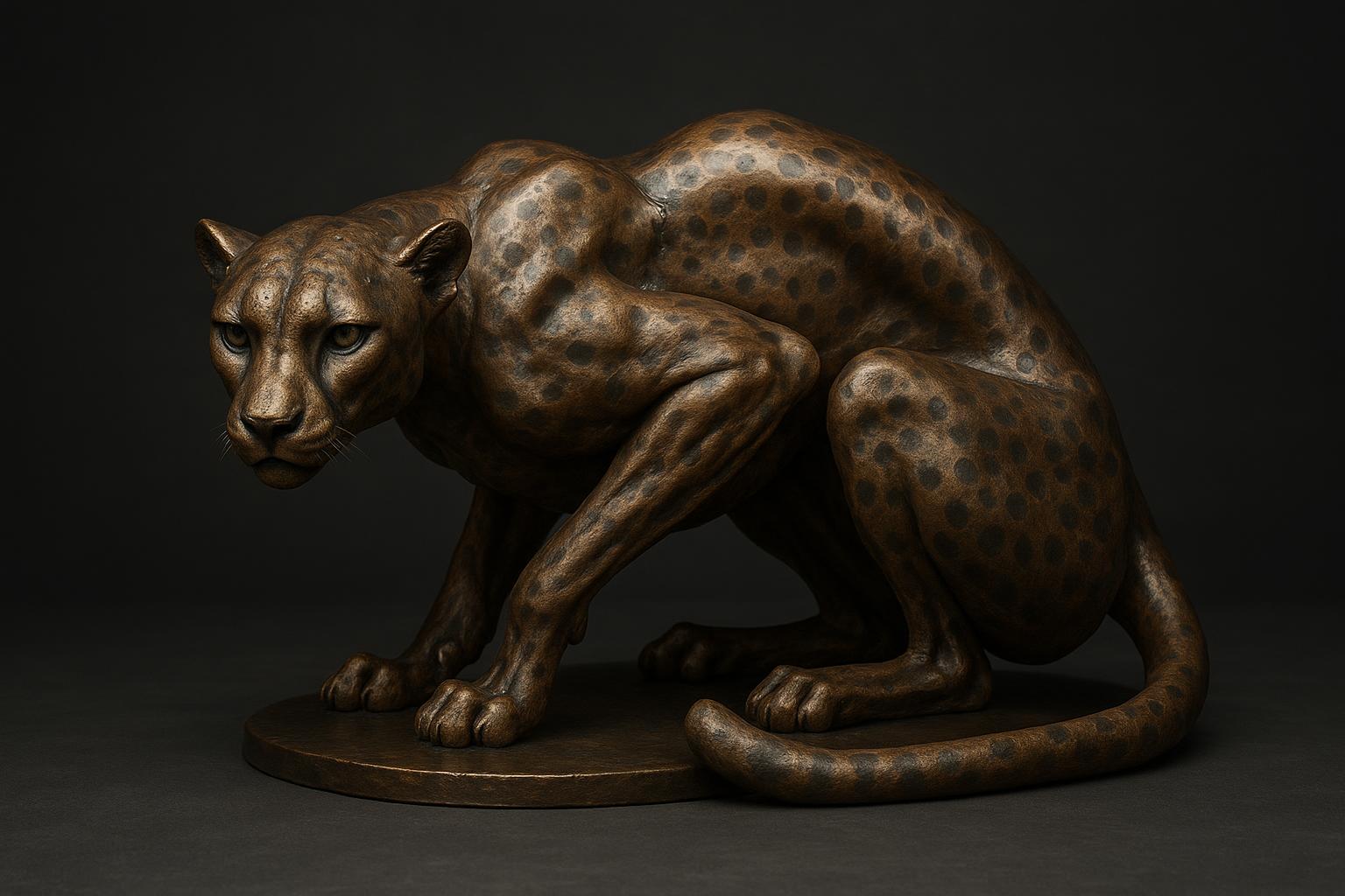 Reference image for documenting Richard MacDonald Female Cheetah sculpture appraisal factors including signature, edition marks, foundry or copyright marks, patina, base, dimensions, condition, and provenance