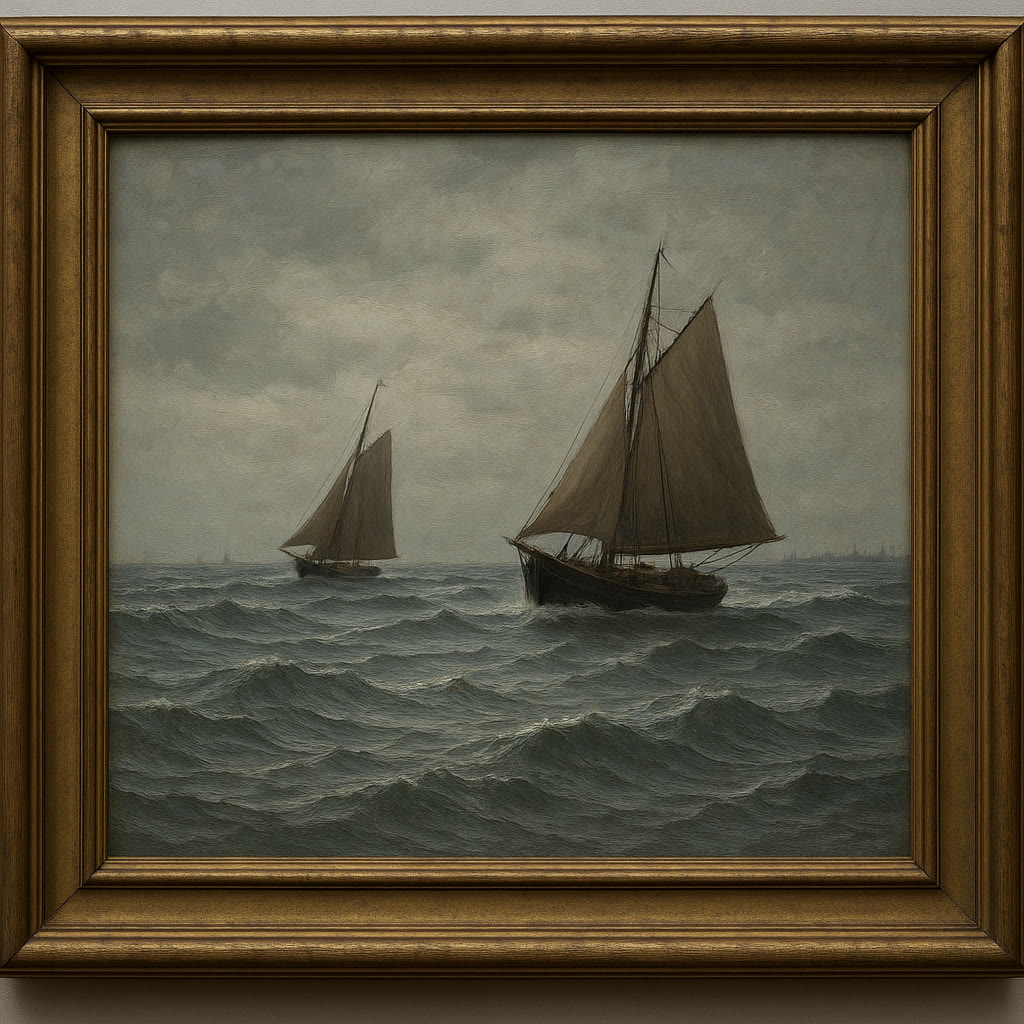 Reference image for documenting Romain Steppe marine painting appraisal factors including signature, medium, subject, support, frame, labels, condition, dimensions, and provenance