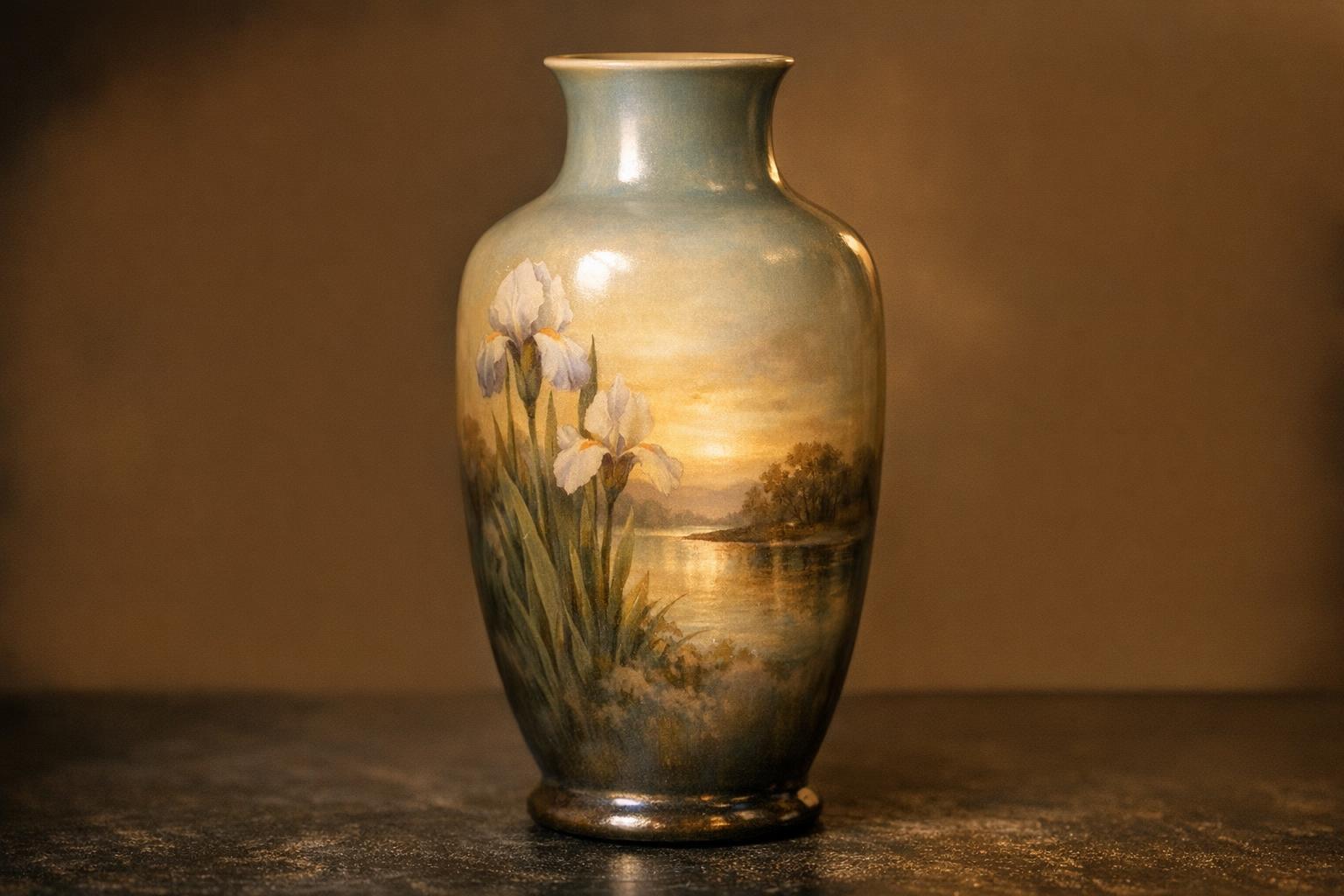 Rookwood Pottery Value Guide What Collectors Actually Pay example: Antique Rookwood pottery vase with iridescent vellum glaze and hand-painted landscape scene, early 1900s American art pottery