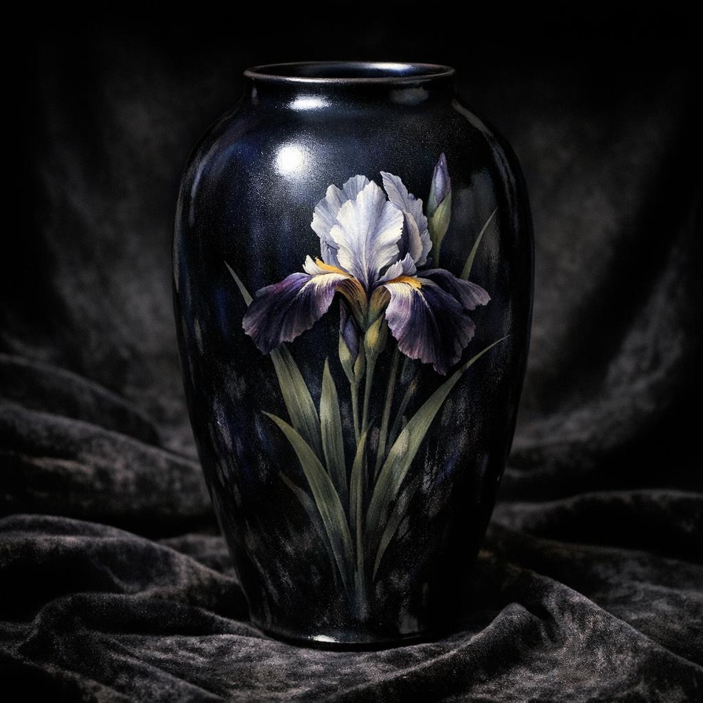 Rookwood pottery with rare Black Iris glaze showing deep iridescent surface with hand-painted iris decoration