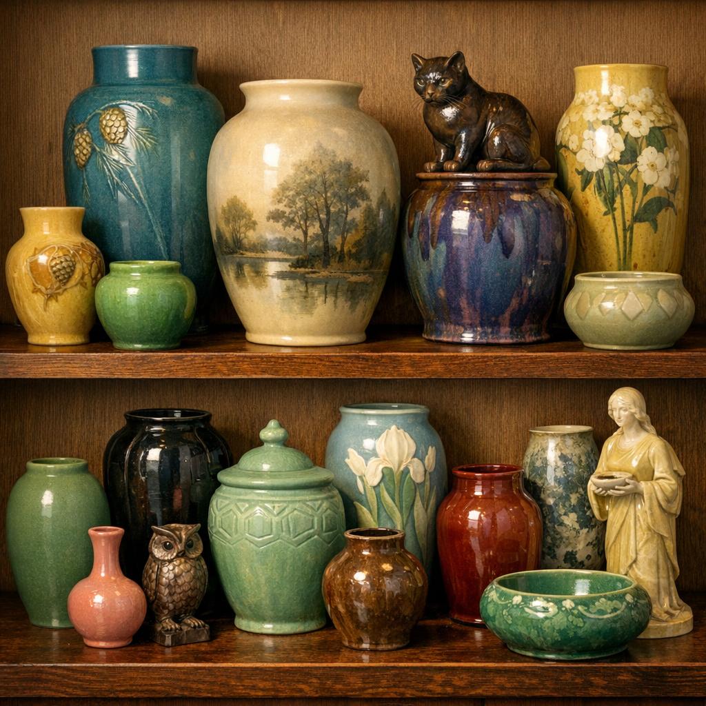 Collection of various Rookwood pottery pieces showing the range of shapes, sizes, and glaze types from 1880s to 1940s