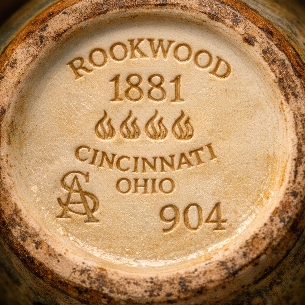 Close-up of Rookwood pottery base showing impressed date marks and artist cipher