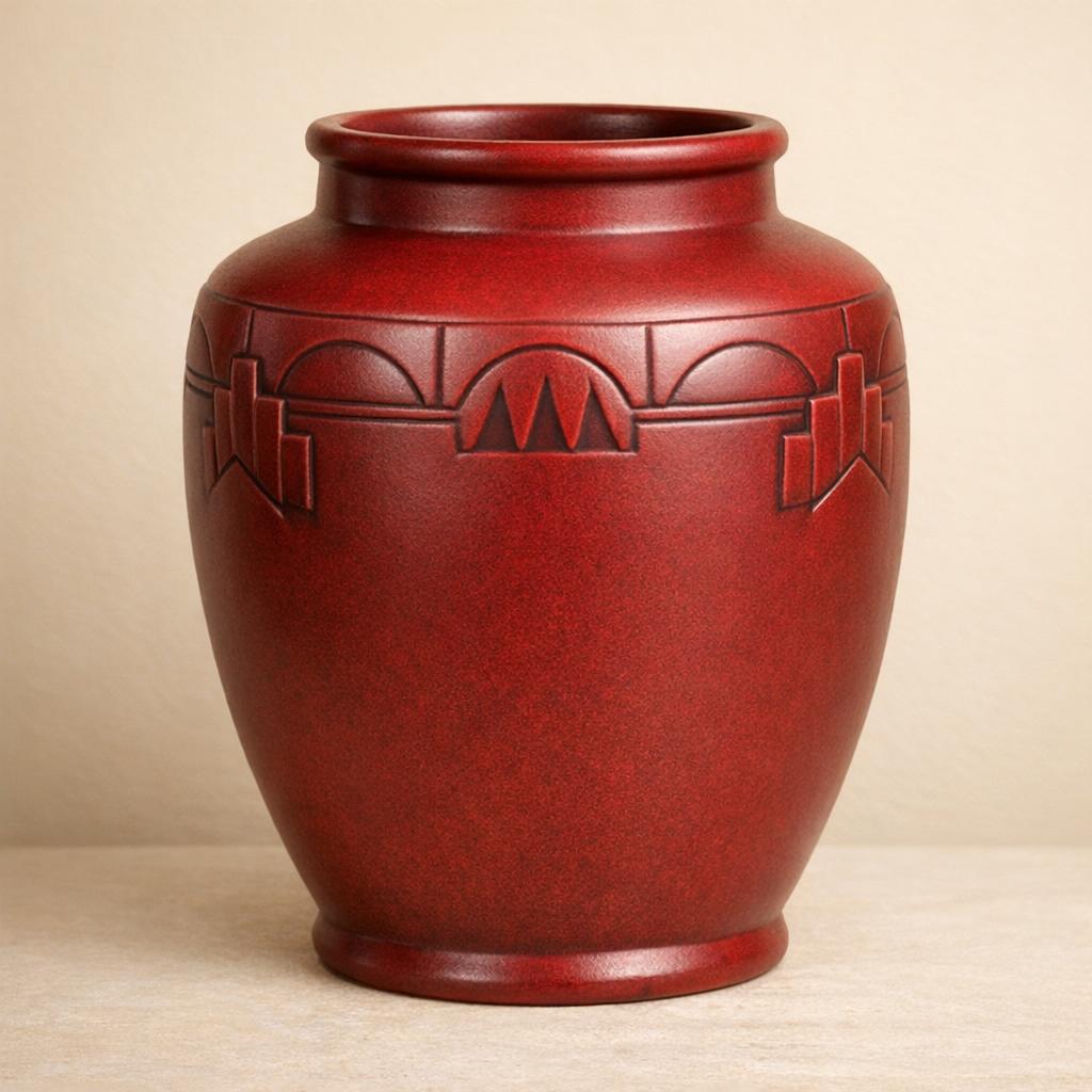 Rookwood pottery with French Red glaze showing deep matte red Art Deco finish