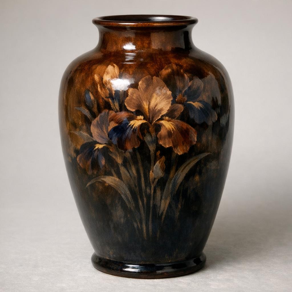 Rookwood pottery vase with Standard Glaze showing dark rich tones and hand-painted floral decoration