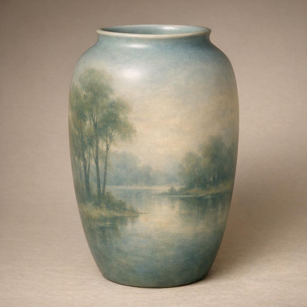Rookwood pottery vase with Vellum Glaze showing soft muted impressionistic painted landscape
