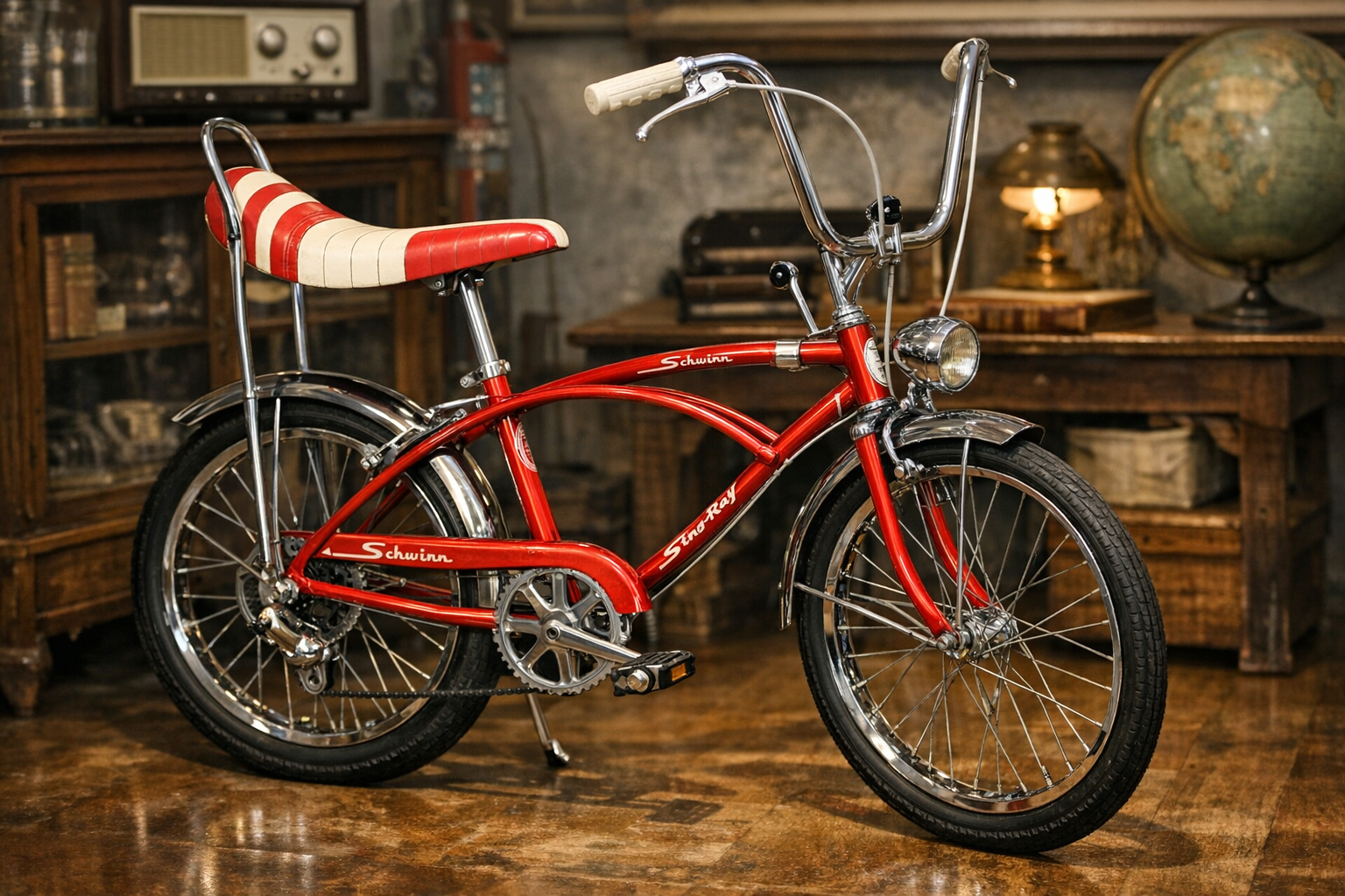 Reference image for documenting vintage Schwinn bicycle value factors including model, serial number, frame, paint, decals, components, originality, condition, restoration, and provenance