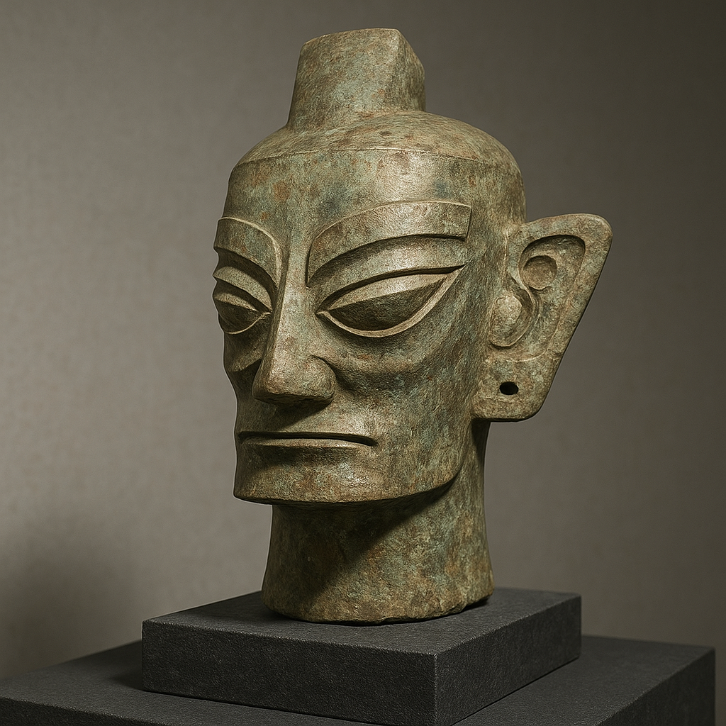 Reference image for documenting Sanxingdui-style bronze head appraisal factors including form, casting, patina, surface, inscriptions, measurements, condition, provenance, and authenticity risks