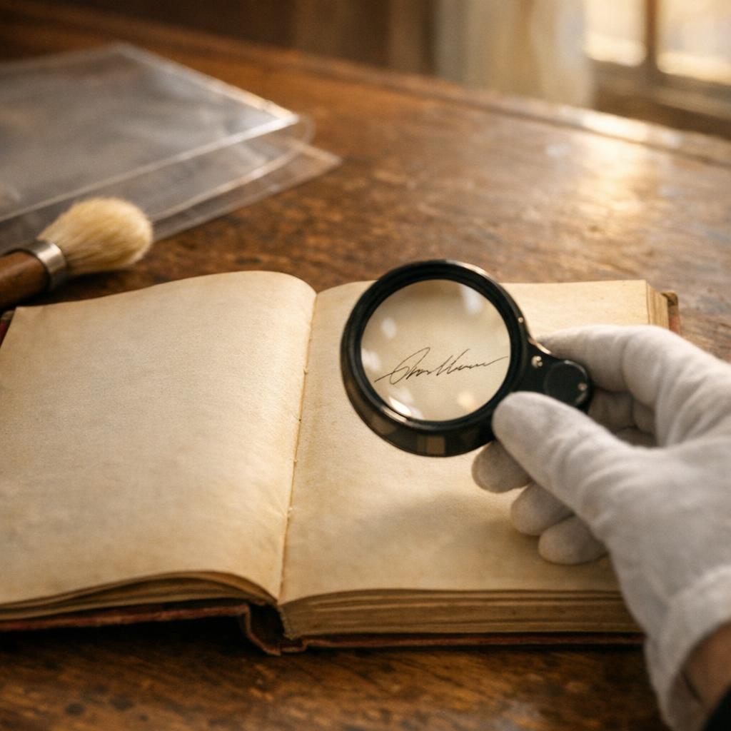 Reference image for documenting signed book value factors including signature authenticity, inscription, edition points, dust jacket, condition, provenance, scarcity, and comparable context