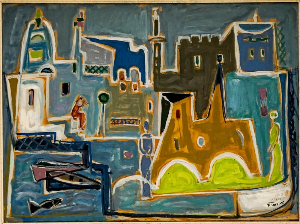 Mid-century signed abstract oil painting comp