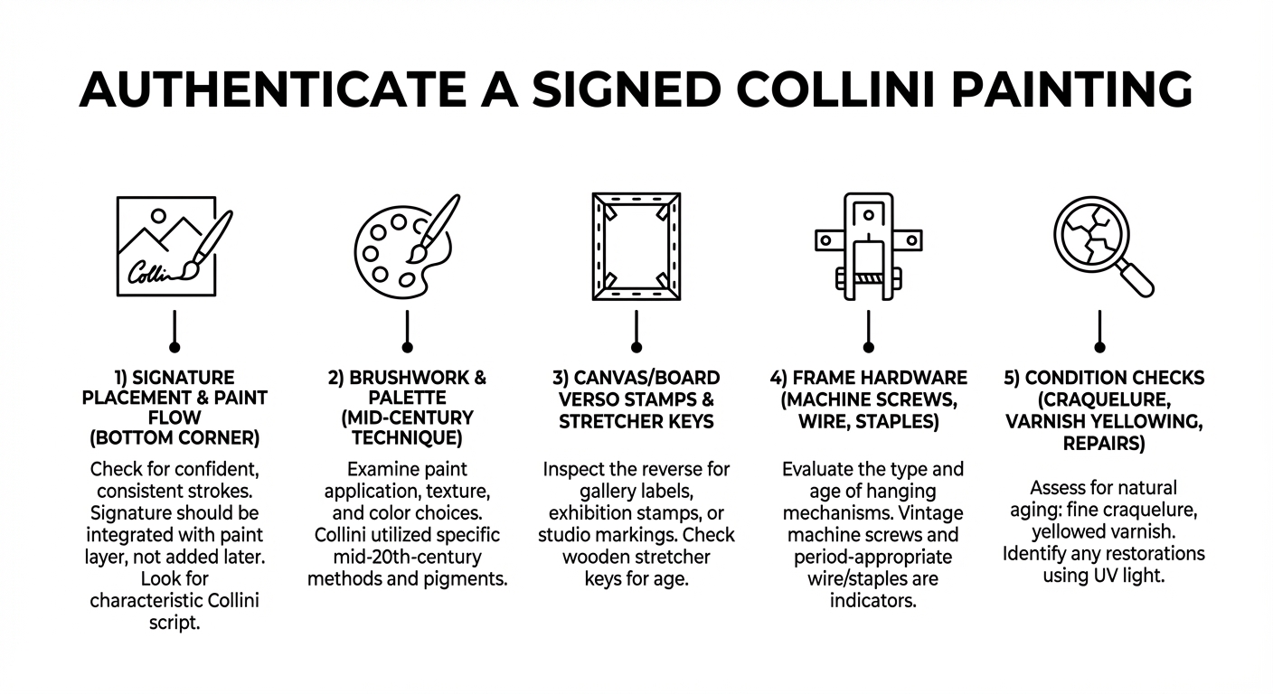 Infographic checklist for authenticating a signed Collini painting, including signature, brushwork, stretcher, frame hardware, and condition