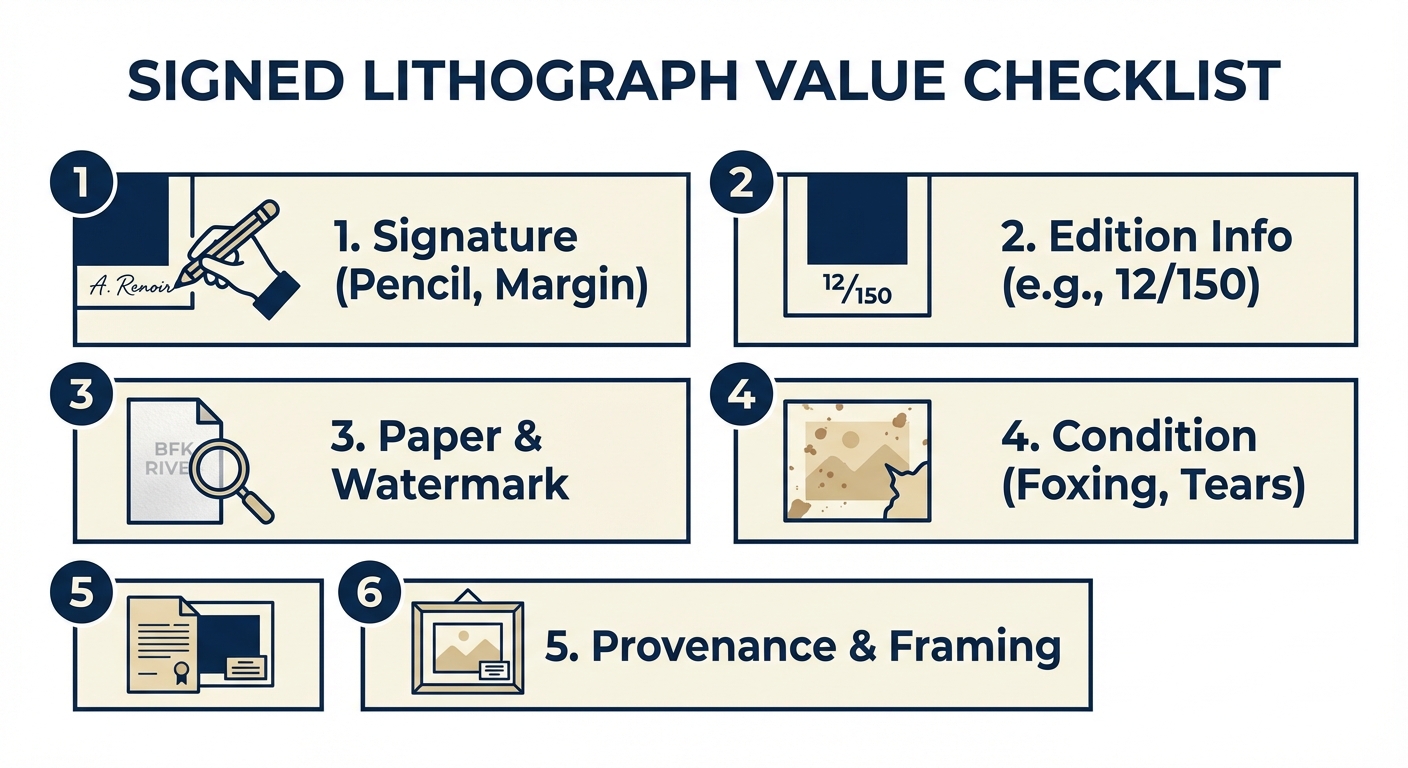 Infographic titled Signed Lithograph Value Checklist showing signature, edition info, paper, condition, and provenance