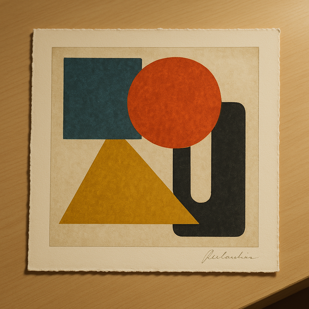 Framed signed mid-century lithograph on an appraisal desk with margin and condition details visible