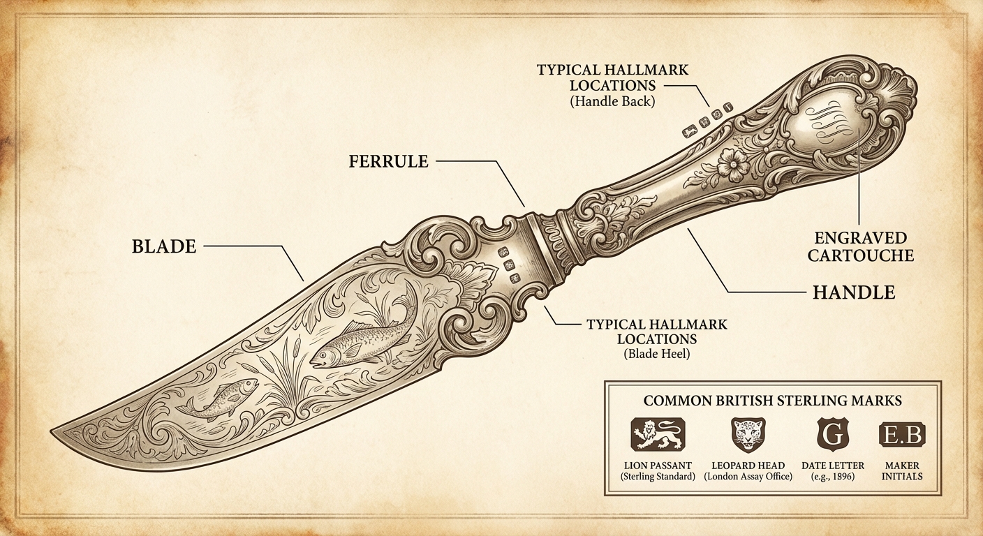 Infographic showing an antique silver fish serving knife with labeled parts and hallmark locations
