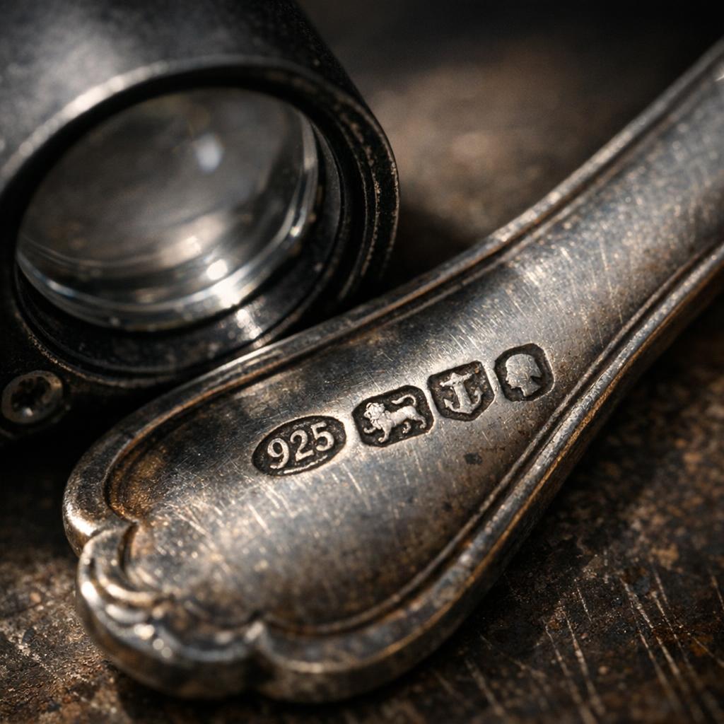 Reference image for documenting silver hallmark appraisal factors including sterling marks, maker marks, assay symbols, date letters, silverplate marks, wear, and documentation clues