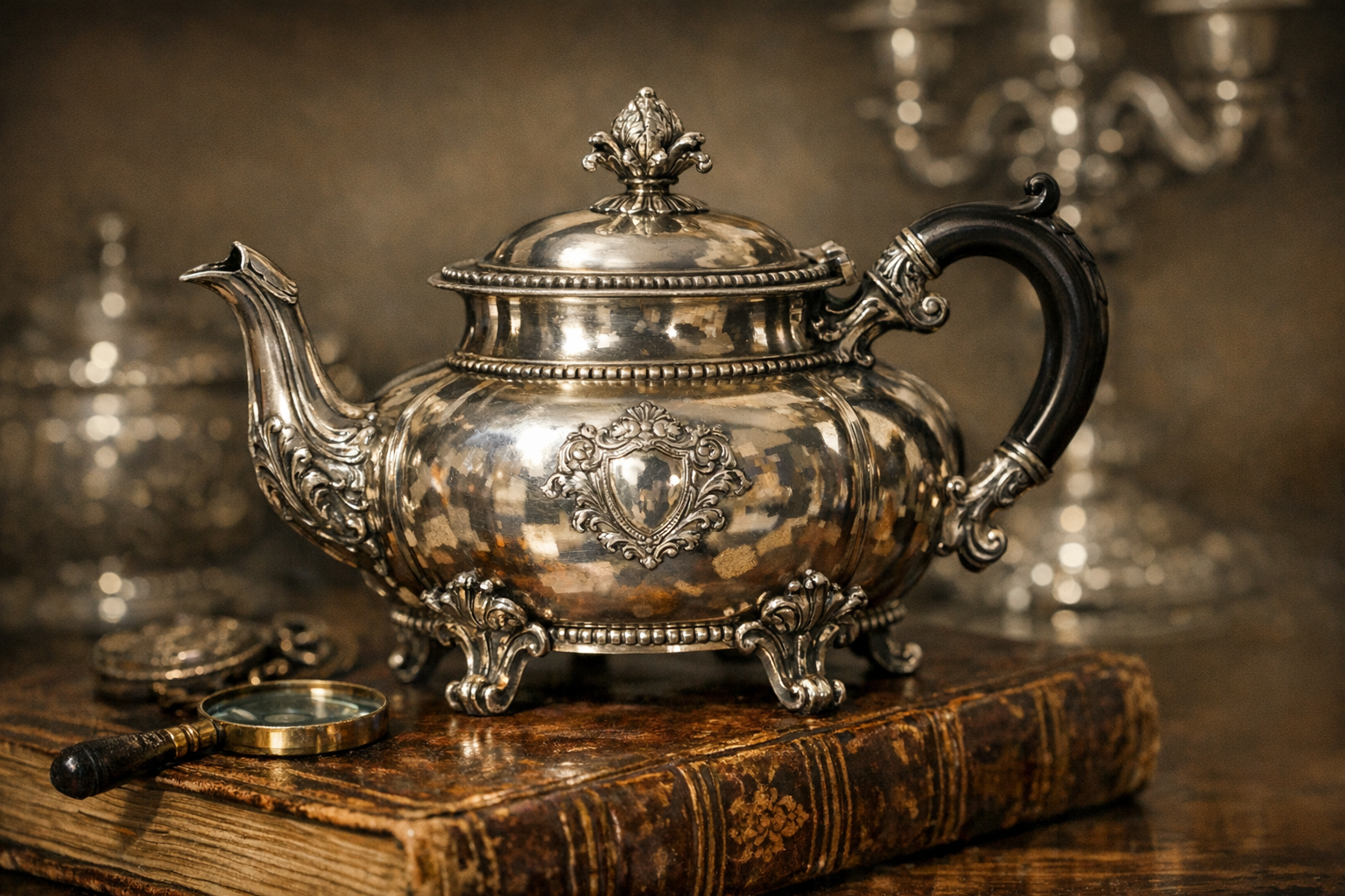 Reference image for documenting silver soldered teapot value factors including hotel or maker marks, metal type, plating wear, monograms, dents, repairs, condition, size, and provenance