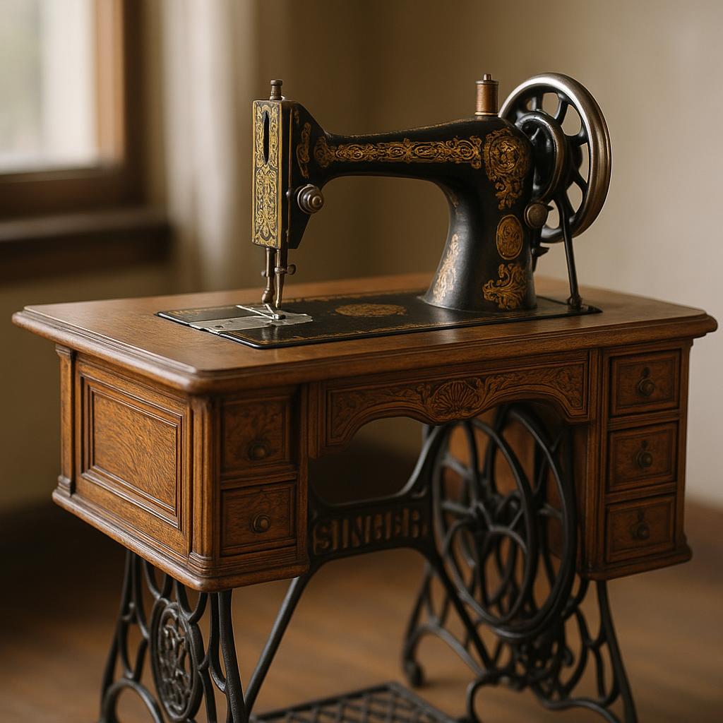 Reference image for documenting Singer Model 27 appraisal factors including serial number, decals, cabinet, treadle, parts, attachments, condition, restorations, and provenance