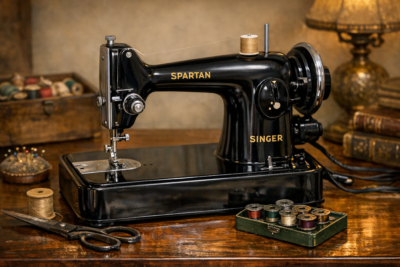 Reference image for documenting Singer Spartan sewing machine value factors including model 192K details, serial number, decals, case, motor, accessories, working condition, and provenance