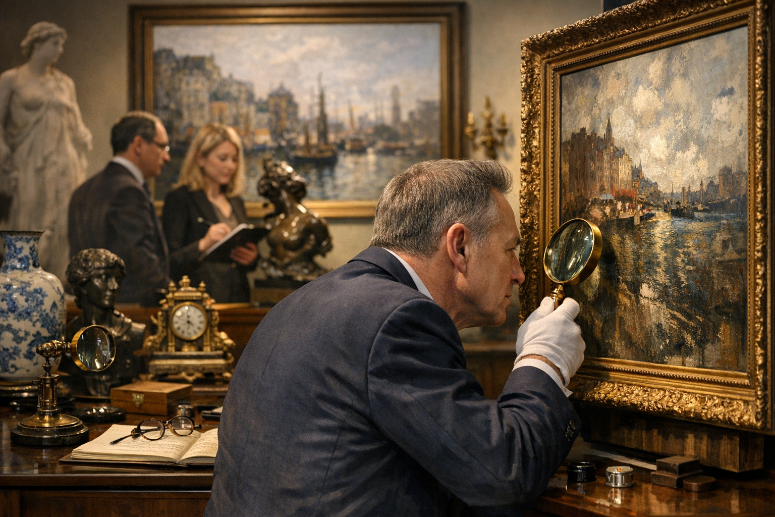 Reference image for documenting Sotheby's art appraisal preparation factors including artist, signature, medium, dimensions, frame, condition, provenance, labels, and photos