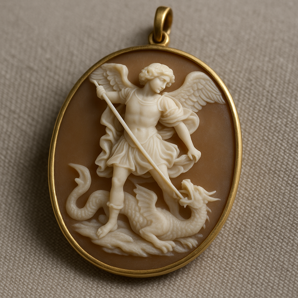 Reference image for documenting St. Michael the Archangel cameo appraisal factors including shell, stone or resin material, carving depth, setting, marks, condition, size, iconography, and provenance