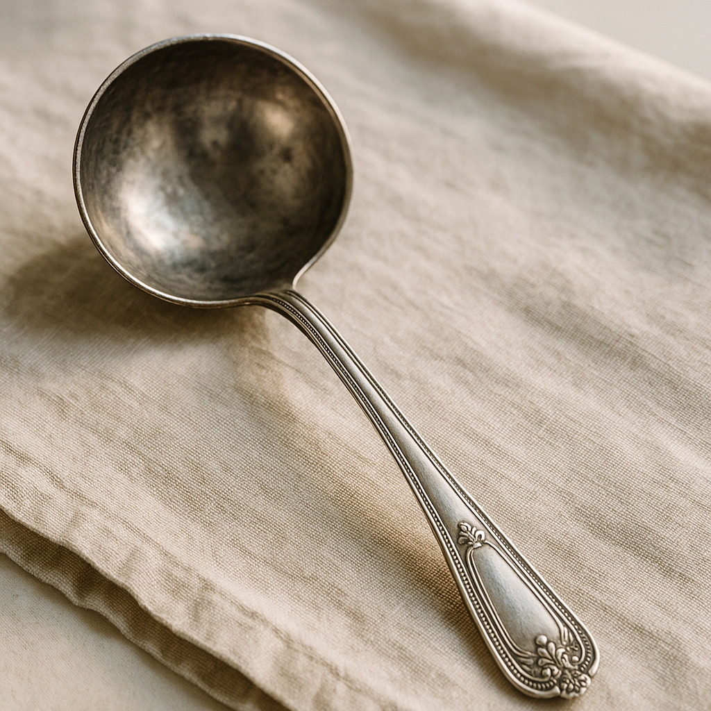 Sterling handle silverplate ladle reference with marks, pattern, metal, bowl wear, dimensions, and condition