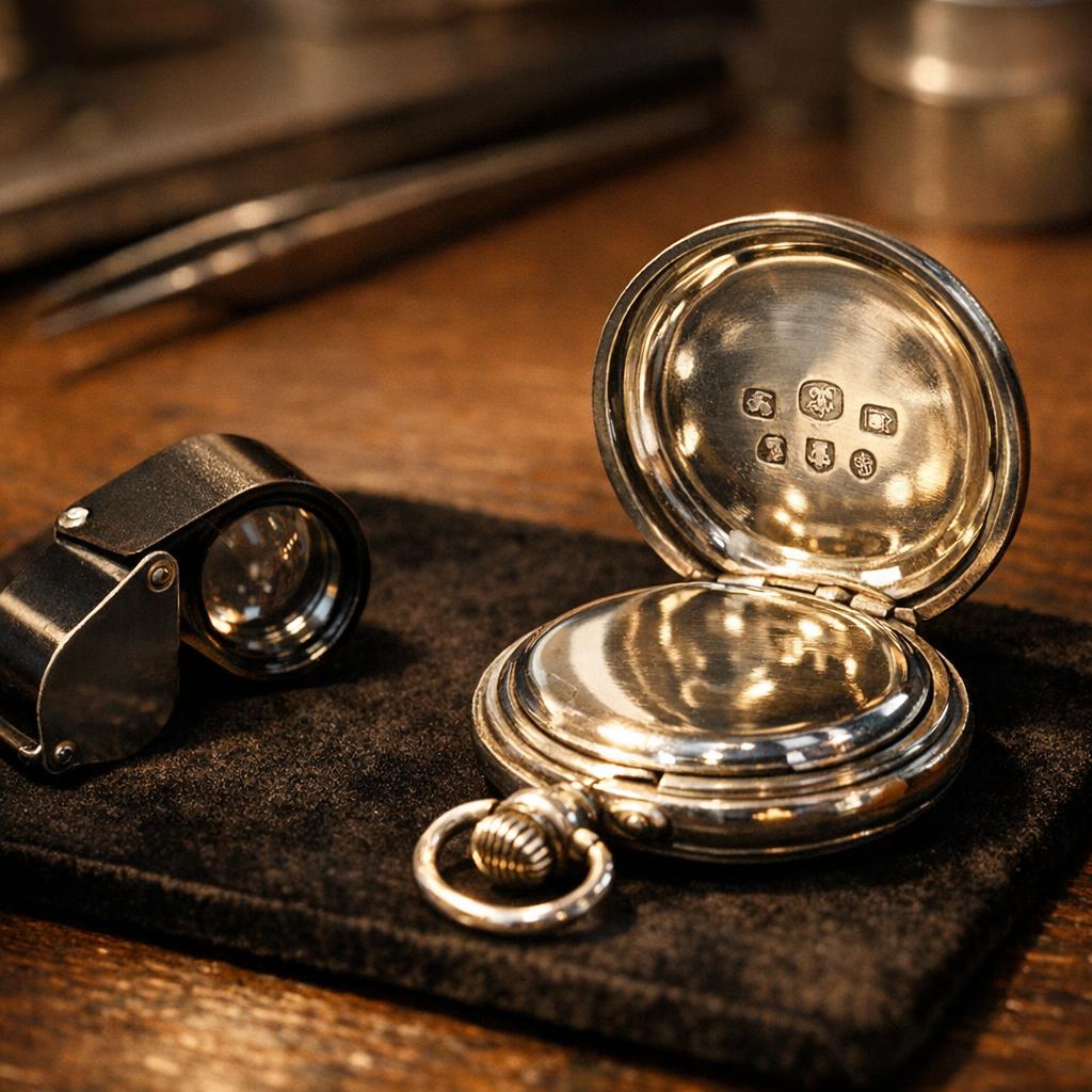 A jeweler's 10x loupe resting on a velvet pad next to a sterling silver pocket watch with its caseback open revealing detailed hallmarks