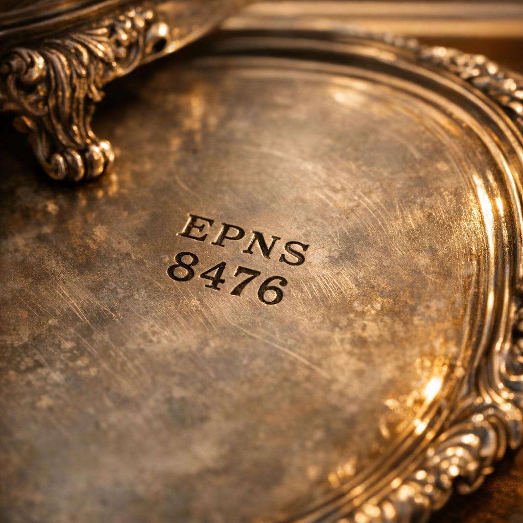 Underside of an ornate silver-plated serving platter showing the EPNS maker mark and pattern number stamped into the metal