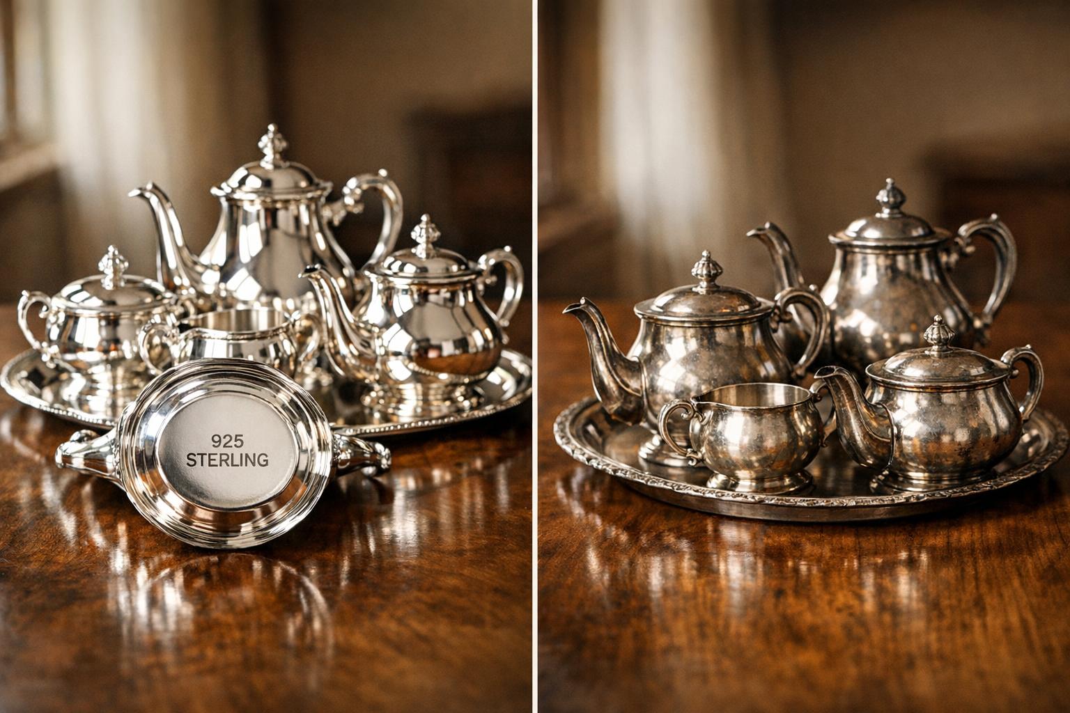 Side-by-side comparison of a sterling silver tea service showing a 925 STERLING hallmark and a silver-plated tea service on a warm walnut table