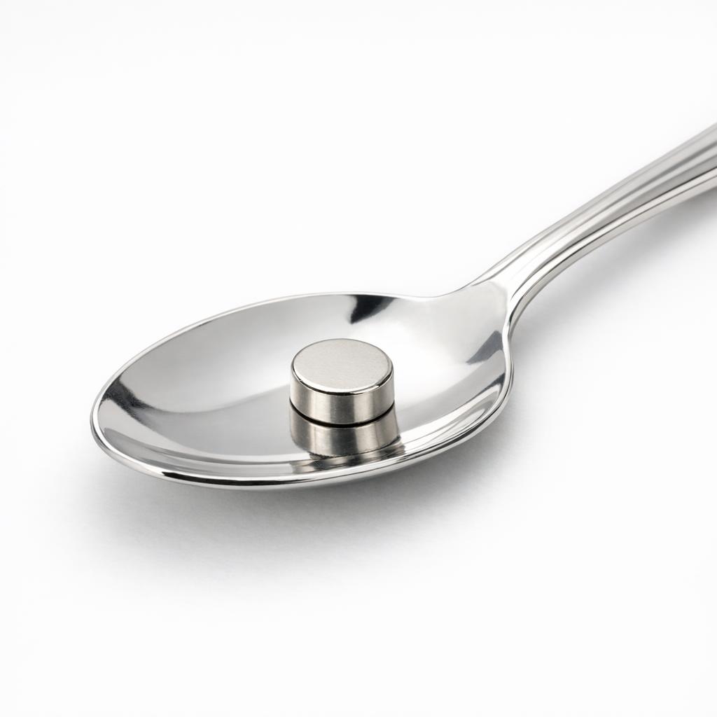 A small neodymium magnet resting on a polished sterling silver spoon, demonstrating that the magnet does not stick to genuine sterling silver