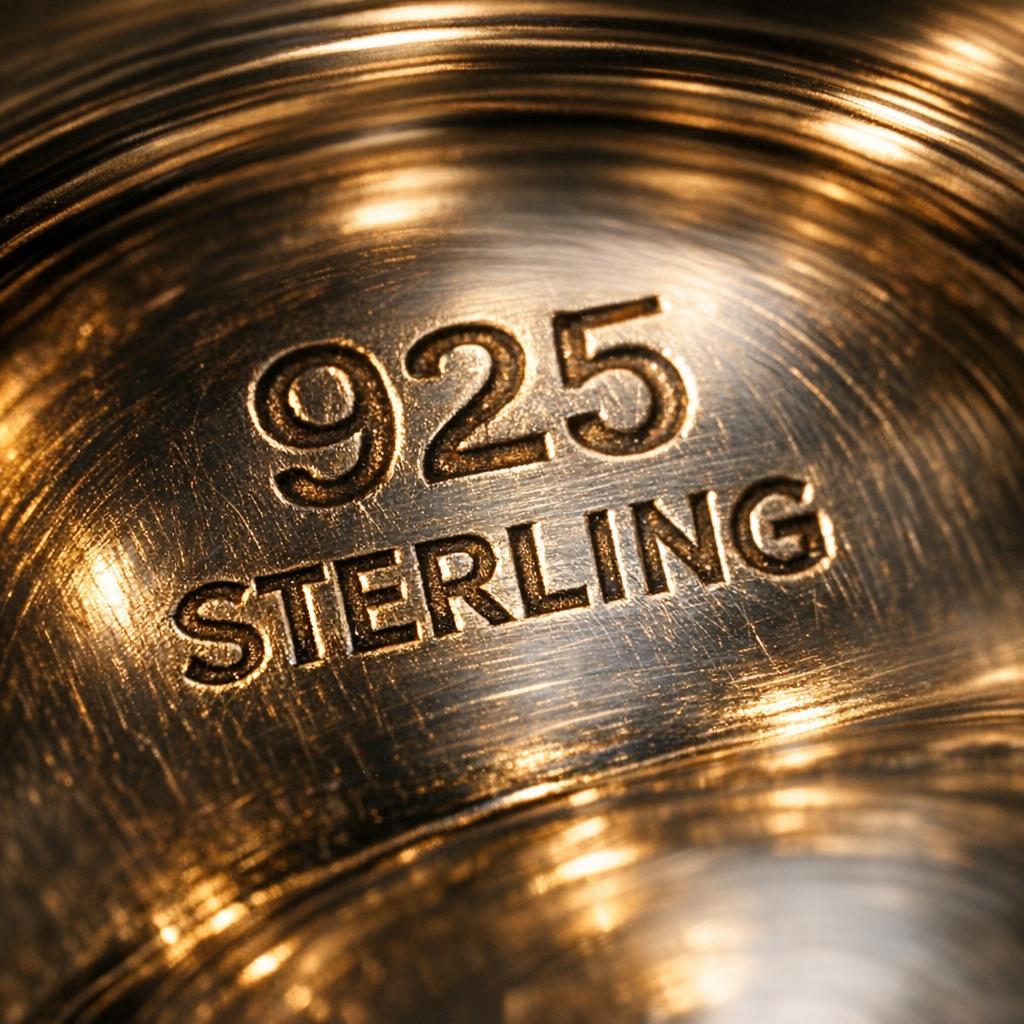 Close-up of a 925 STERLING hallmark stamp engraved on the underside of a polished silver bowl under warm raking light