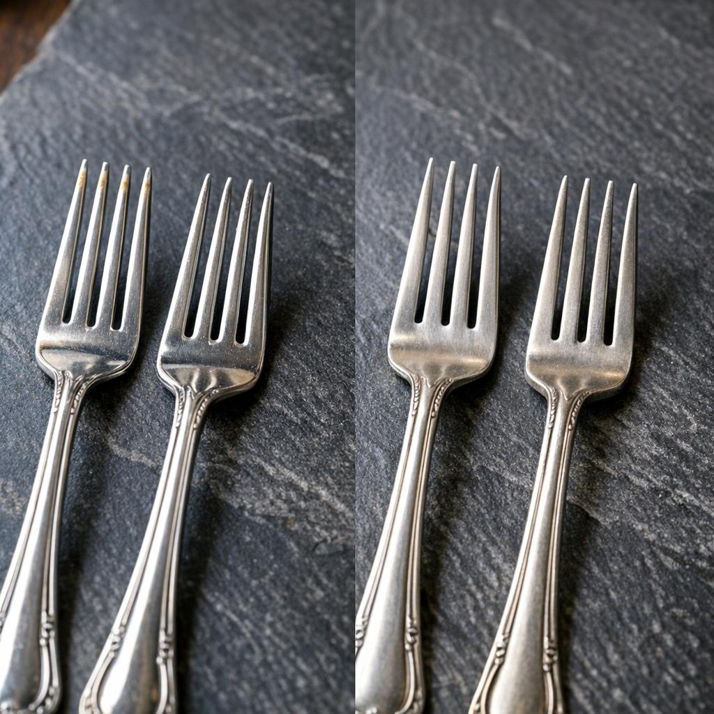 Side-by-side comparison of silver-plated forks showing worn tine tips next to sterling silver forks with uniform warm patina on a dark slate surface