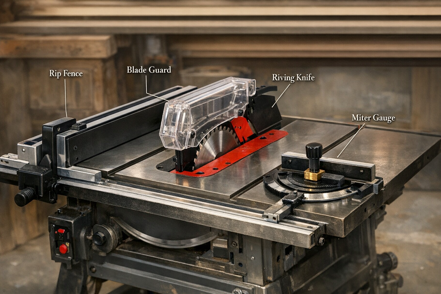 Reference image for documenting table saw parts identification and appraisal factors including maker plate, model, arbor, fence, miter gauge, guards, motor, accessories, condition, completeness, and comparable records