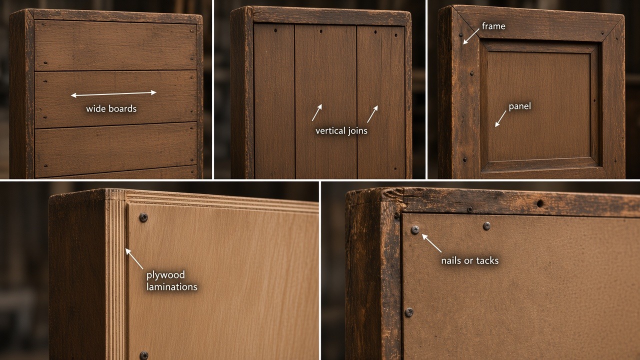 Five cabinet-back photographs showing wide boards, vertical joins, a framed panel, plywood laminations, and nails or tacks