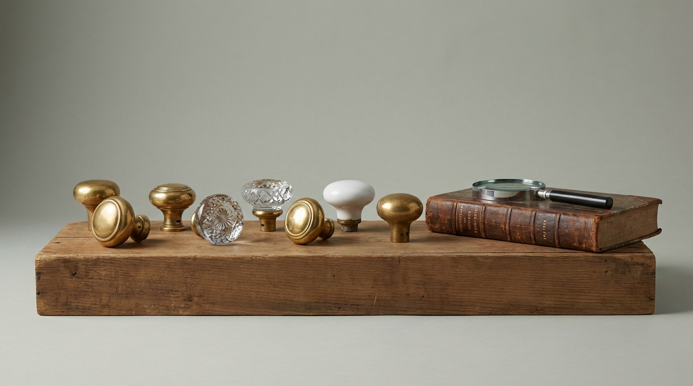 Reference image for documenting antique door knob identification factors including material, pattern, spindle, rosette, lockset, patent marks, maker, finish, wear, damage, set completeness, and age clues