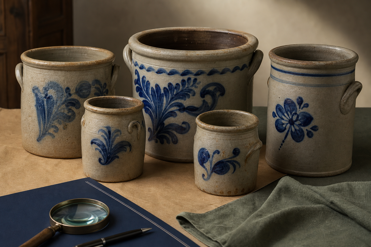 Reference image for documenting old whiskey jug value factors including stoneware, glaze, maker mark, merchant stamp, capacity, region, handle, chips, cracks, staining, rarity, and provenance