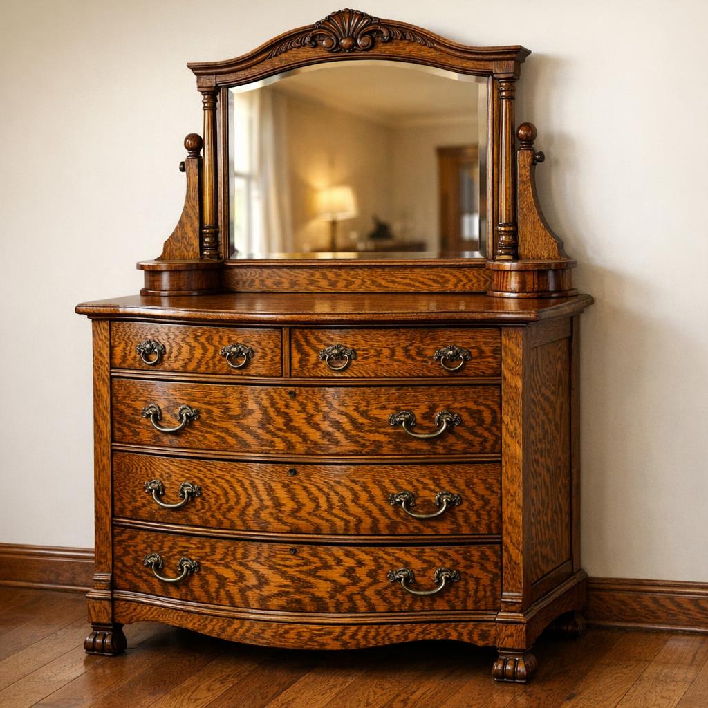 Reference image for documenting tiger oak furniture value factors including quarter-sawn oak figure, maker, form, hardware, joinery, finish, veneer, condition, provenance, and local demand