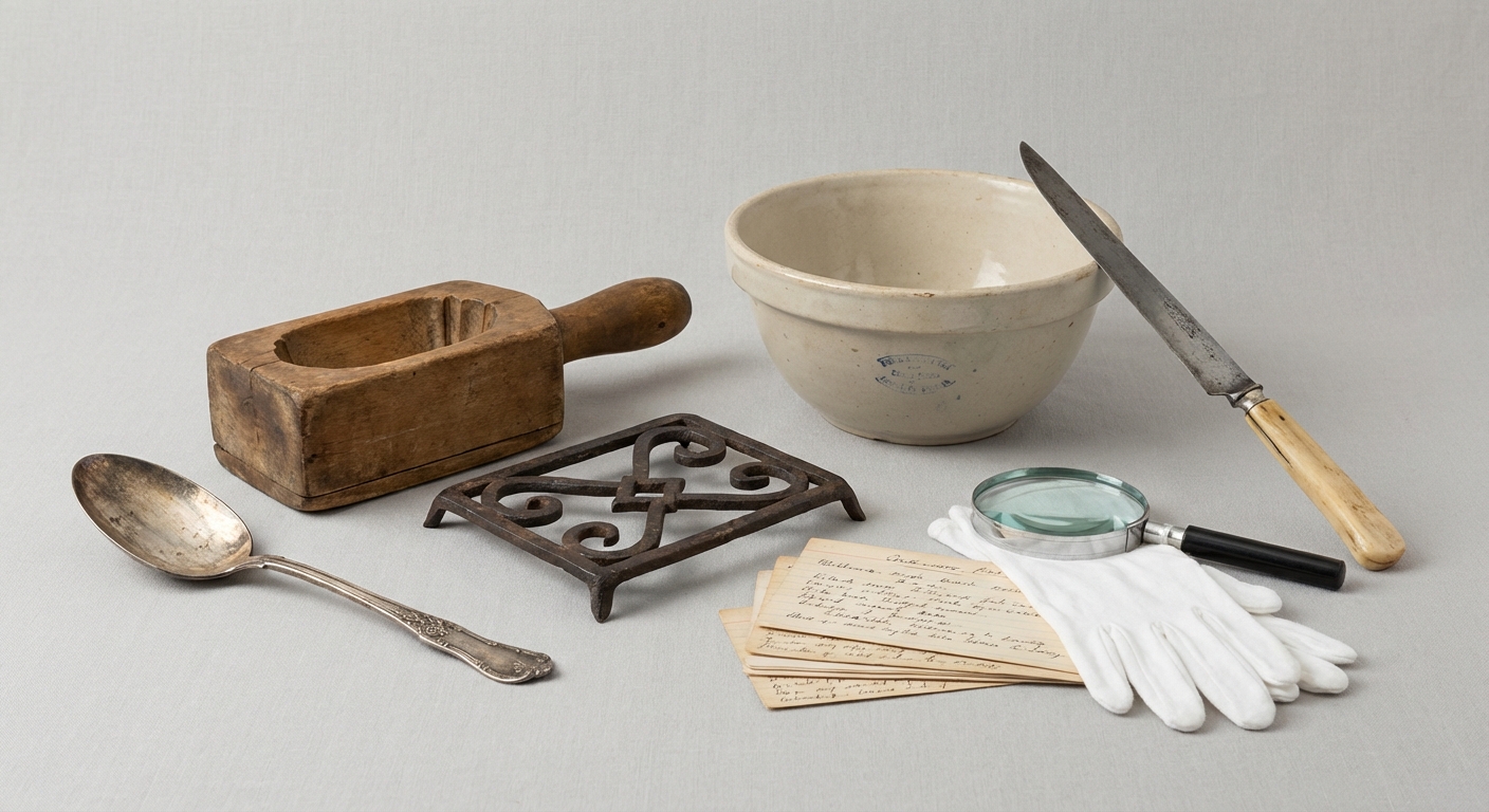 Reference image for documenting antique kitchen appliance appraisal factors including maker badge, patent marks, plating, mechanism, mica, cord, plug, safety, condition, and provenance