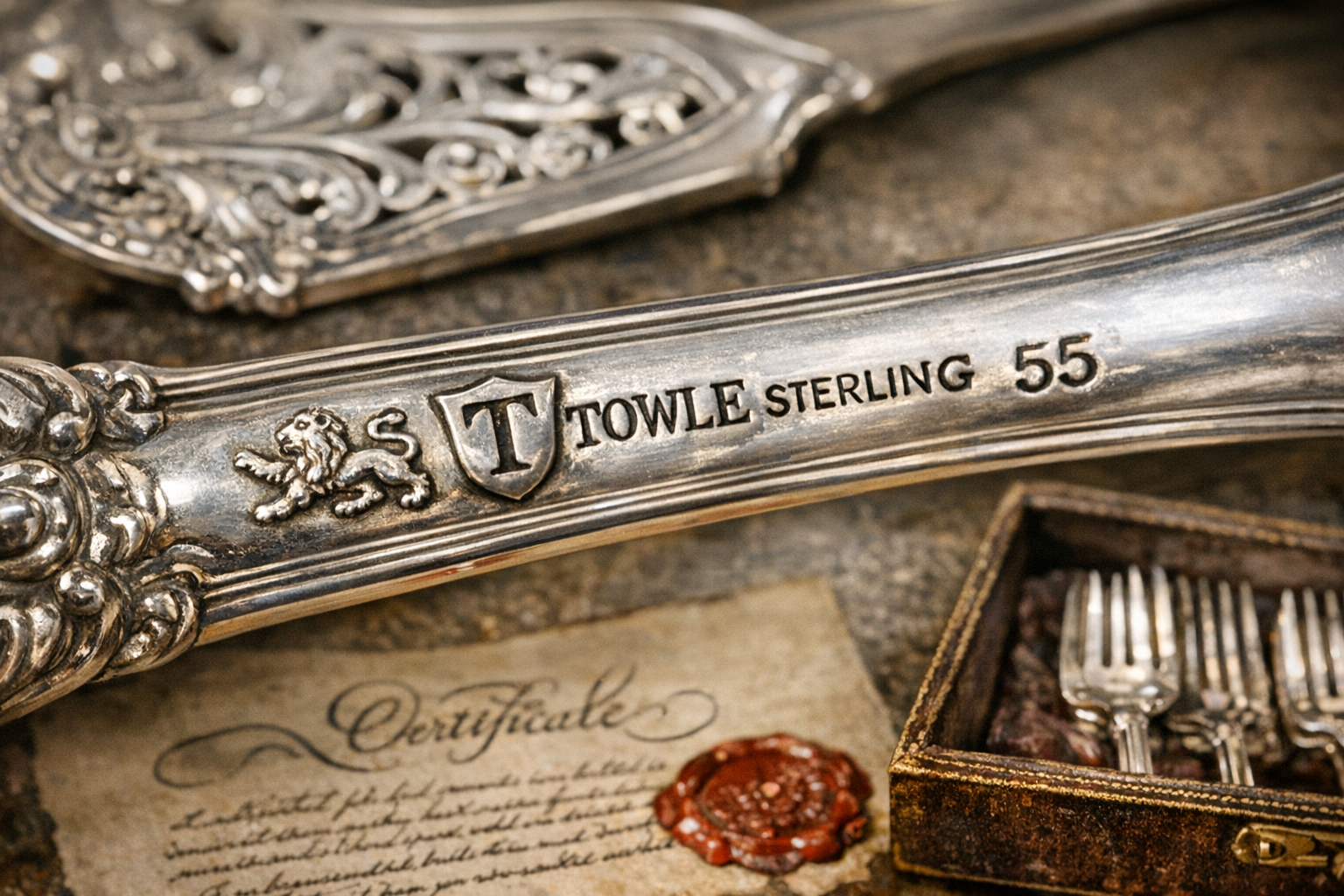 Close-up of Towle hallmark and maker’s mark on Old Master pattern silverware