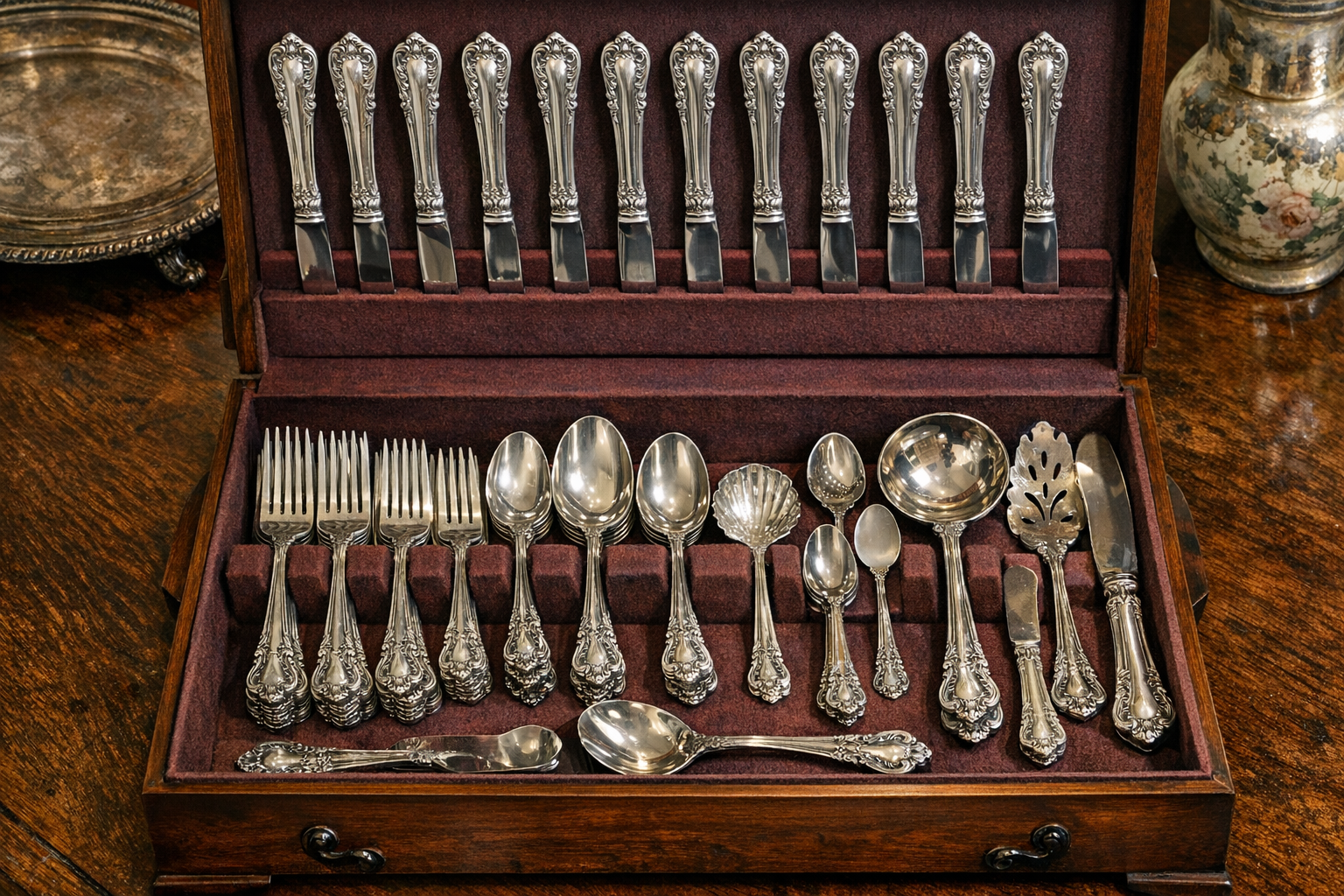 Towle Old Master complete sterling silver set displayed in original storage chest