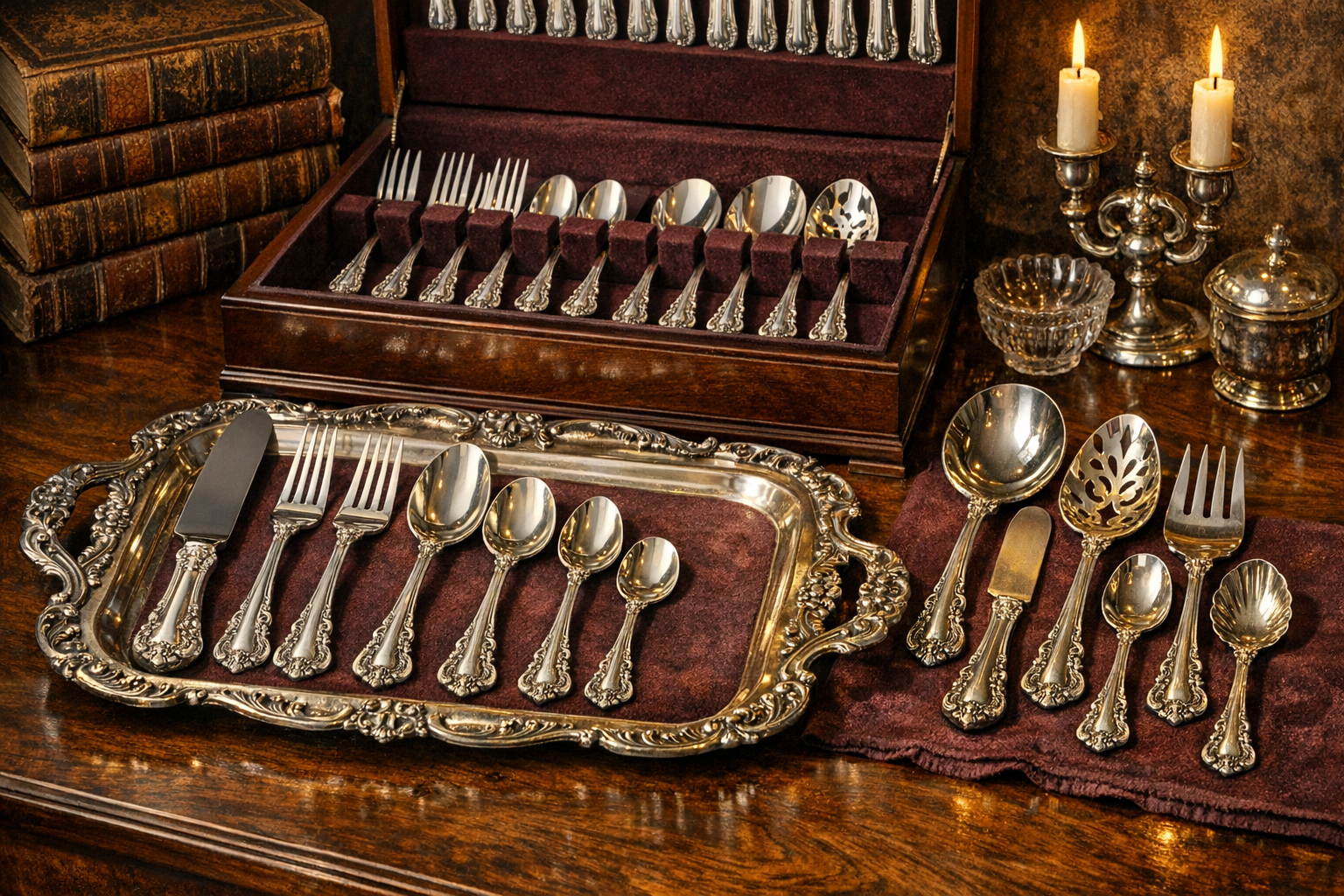 Reference image for documenting Towle Old Master sterling silver value factors including hallmarks, pattern, piece count, monograms, weight, condition, missing pieces, storage, and provenance