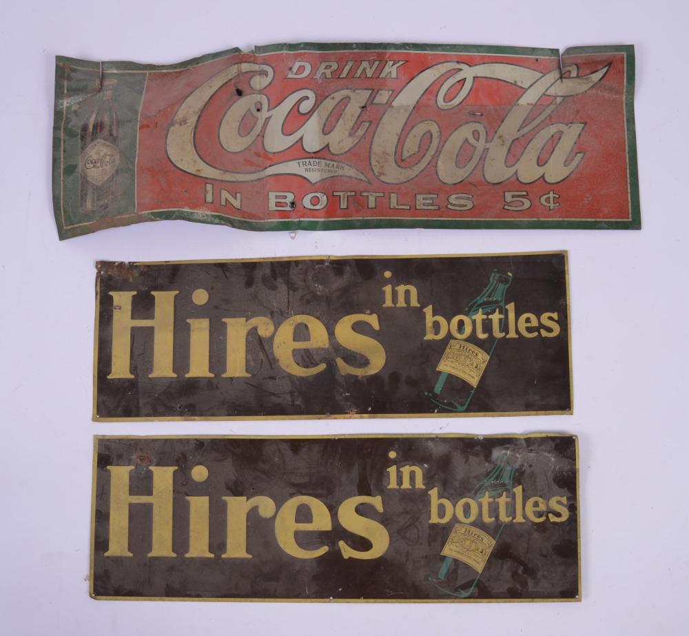 Auction comp thumbnail for COCA COLA' VINTAGE METAL SIGN WITH 2 'HIRES IN BOTTLES' SIGNS (Casco Bay Auctions, Lot 373)