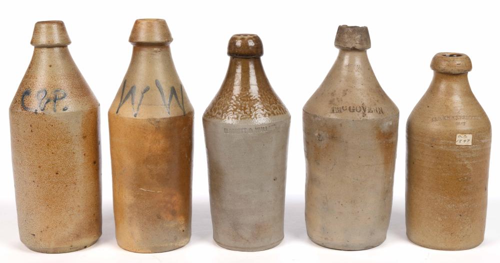 Auction comp thumbnail for AMERICAN STONEWARE BEER BOTTLES, LOT OF FIVE (Jeffrey S. Evans & Associates, Lot 1407)