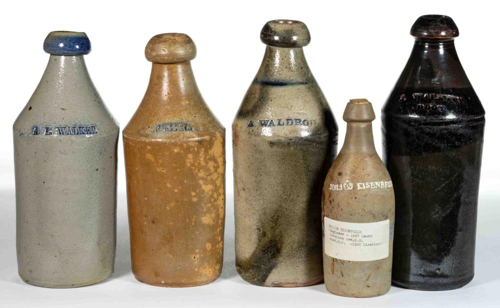 Auction comp thumbnail for ASSORTED AMERICAN STONEWARE BEER BOTTLES, LOT OF FIVE (Jeffrey S. Evans & Associates, Lot 467)