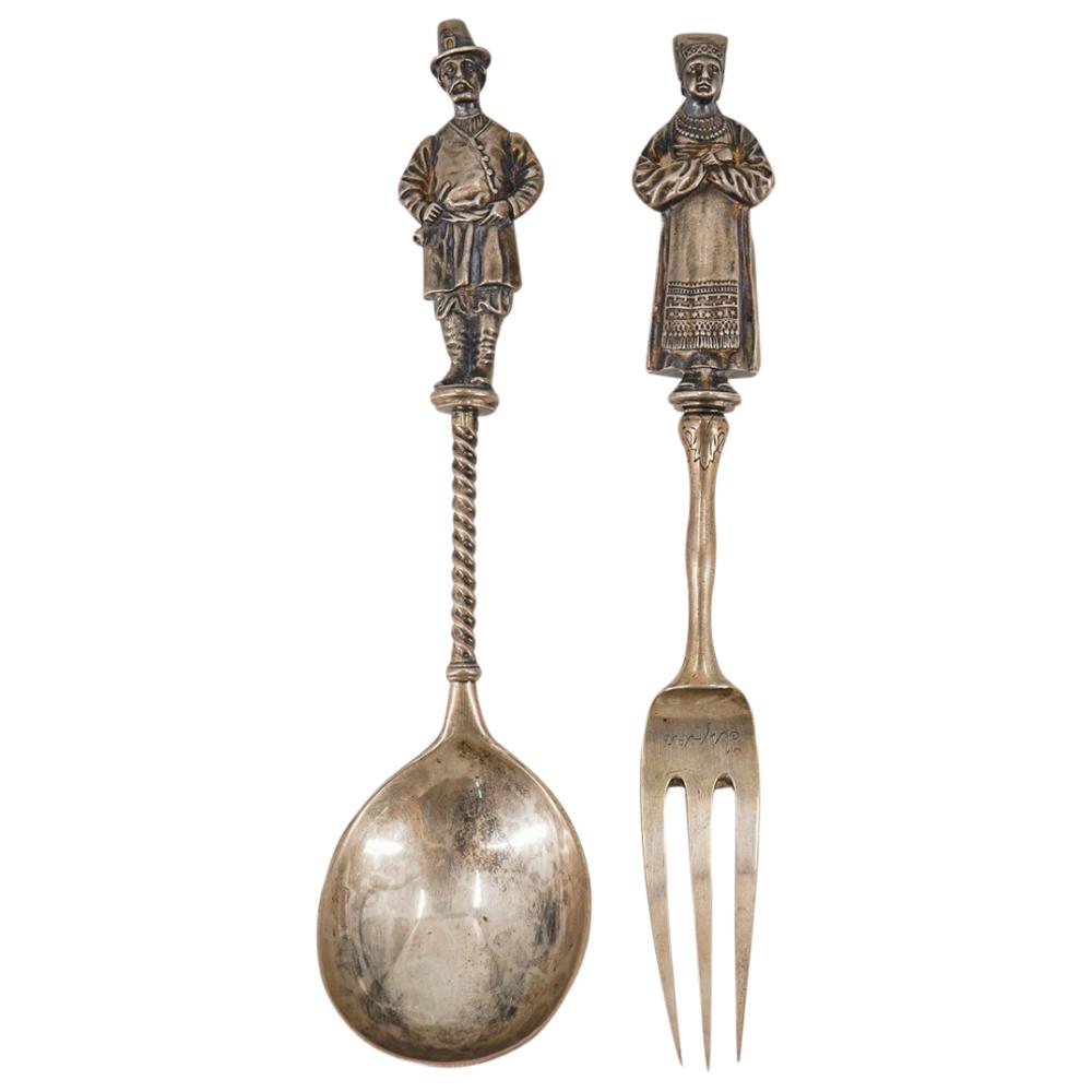 Auction photo: antique Russian silver figural spoon and fork set (Akiba Galleries lot 108)
