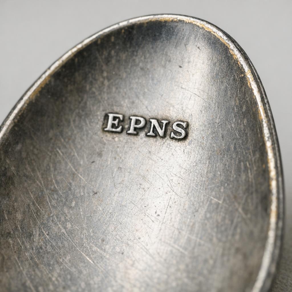 Macro reference photo of an EPNS style mark on a silverplate spoon