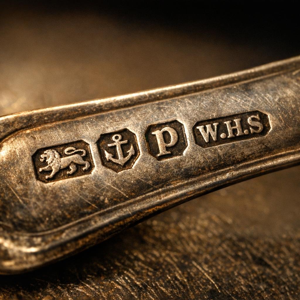 Macro reference photo of a British sterling hallmark set on a spoon handle